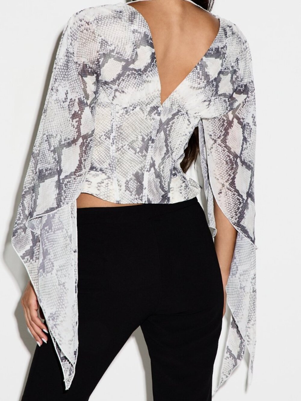 Dark Grey Elegant Women's Sheer Ruffle Asymmetrical Batwing V-Neck Corset Top - Picture 5 of 5